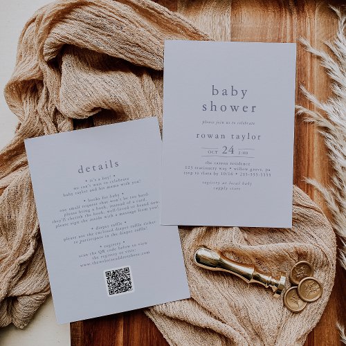 ROWAN Rustic Boy Blue QR Simple Baby Shower Invitation