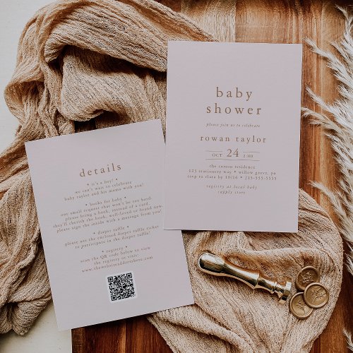 ROWAN Rustic Pink Gold QR Simple Baby Shower Invitation