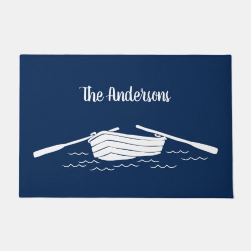 Rowboat Blue and White Personalized Lake House Doormat