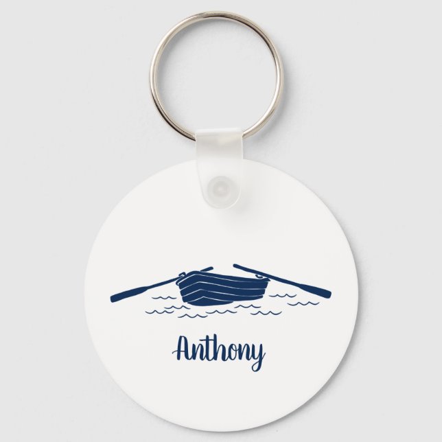 Rowboat Graphic in Navy Blue Personalized Keychain (Front)