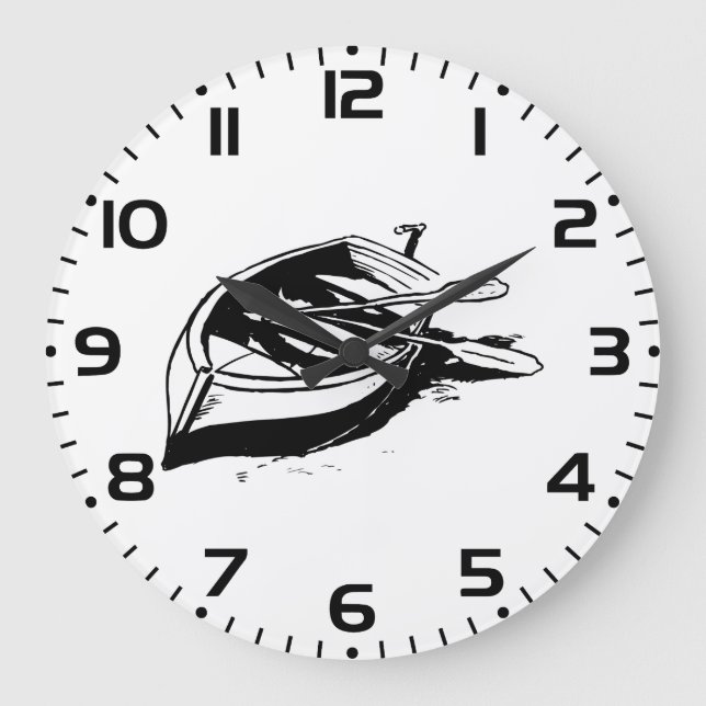 Rowboat Illustration Nautical Black and White Large Clock (Front)