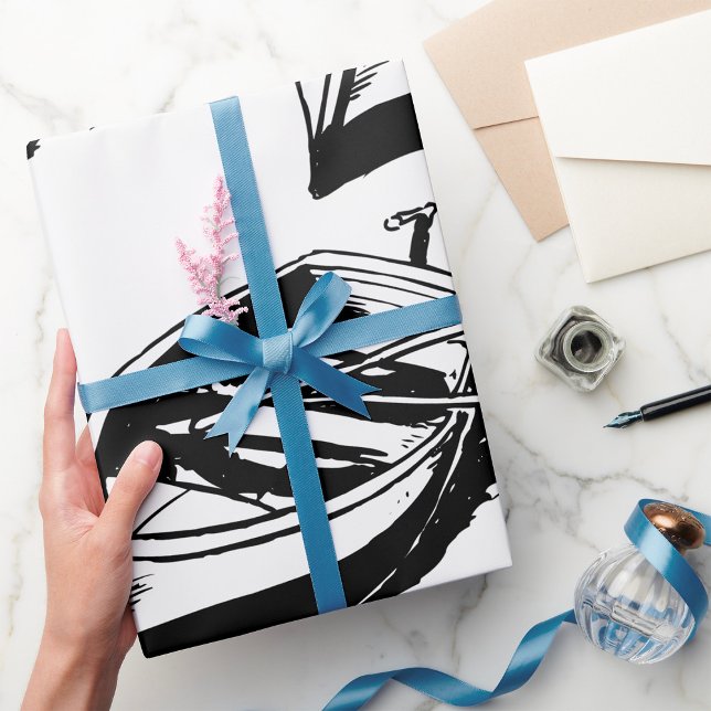 Rowboat Illustration Nautical Black and White Wrapping Paper (Creator Uploaded)