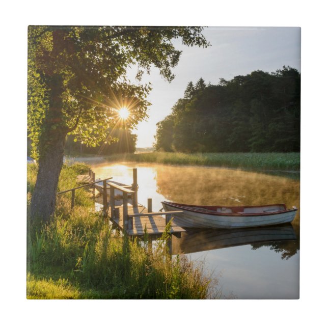 Rowboat Moored at Lake Ceramic Tile (Front)
