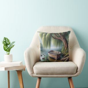 Rowboat Under a Weeping Willow Tree Throw Pillow