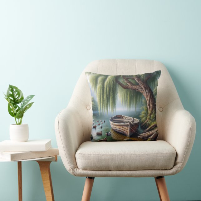 Rowboat Under a Weeping Willow Tree Throw Pillow (Chair)