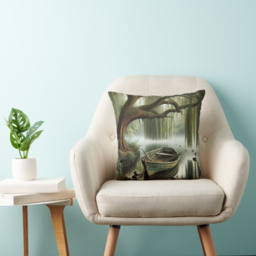 Rowboat Under a Weeping Willow Tree Throw Pillow