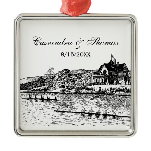 Rowers on River With Boathouse Black Metal Ornament