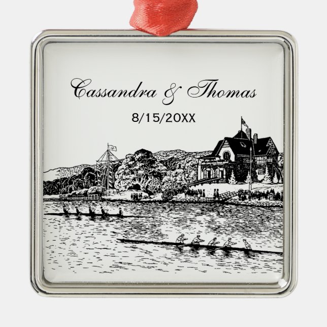 Rowers on River With Boathouse Black Metal Ornament (Front)