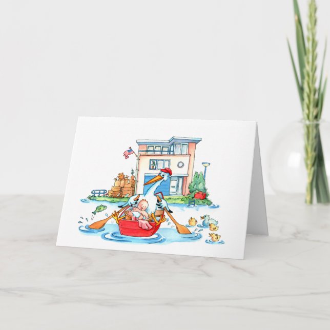 Rowing Boat Stork Baby - Birth announcement (Front)