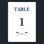 Rowing crossed oars navy initials table number<br><div class="desc">A smart table number card in navy lettering for keen rowers. Prepare a separate table card for each number that you require. The back of the card has a round 'logo' displaying crossed oars with a double 'stitched' navy circle with space for you to enter four initials.</div>