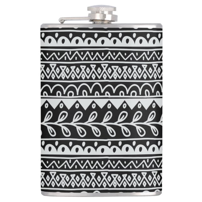 Rows of Black and White Doodle Patterns Flask (Front)