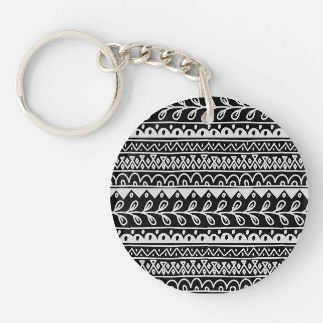 Rows of Black and White Doodle Patterns Keychain (Front)