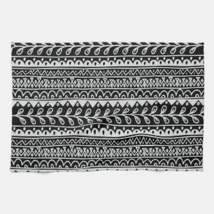 Rows of Black and White Doodle Patterns Kitchen Towel
