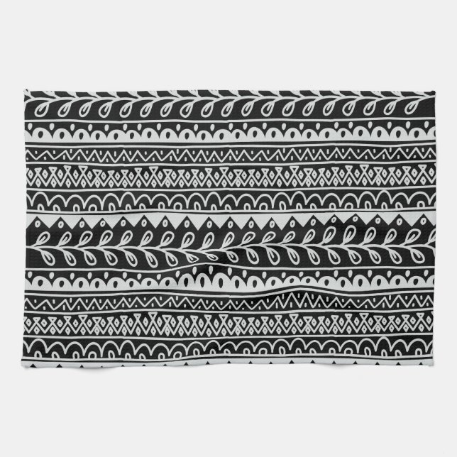 Rows of Black and White Doodle Patterns Kitchen Towel (Horizontal)