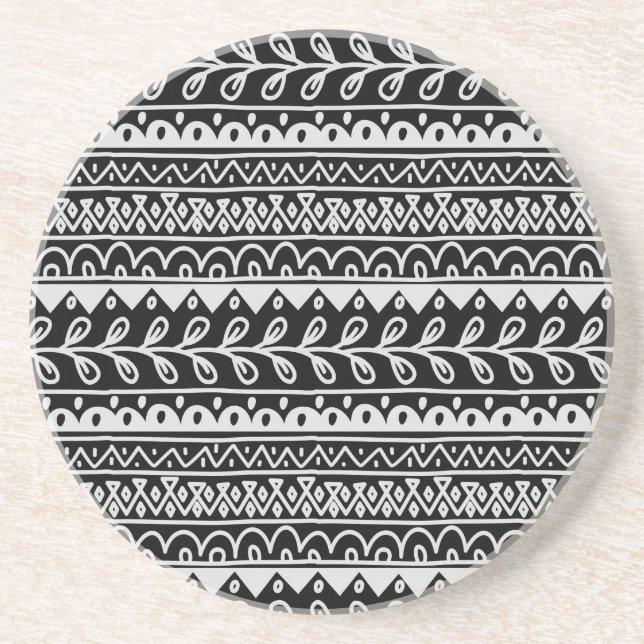 Rows of Black and White Doodle Patterns Sandstone Coaster (Front)