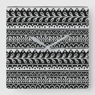 Rows of Black and White Doodle Patterns Square Wall Clock