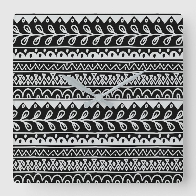 Rows of Black and White Doodle Patterns Square Wall Clock (Front)