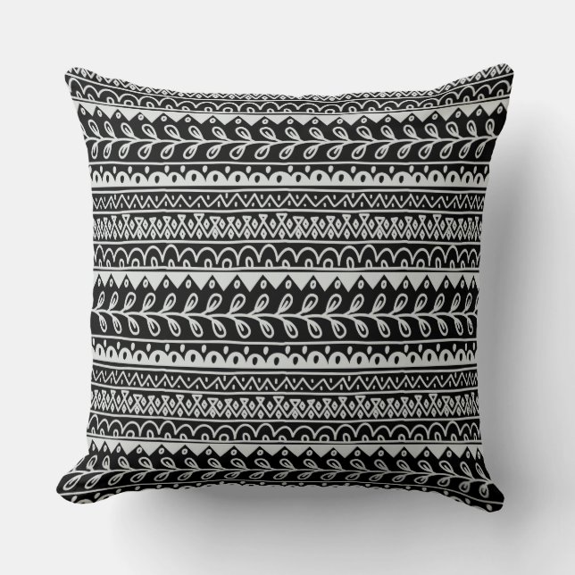 Rows of Black and White Doodle Patterns Throw Pillow (Front)