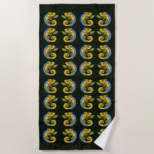 Rows of Bright Colorful Smiling Lizards Green Dots Beach Towel