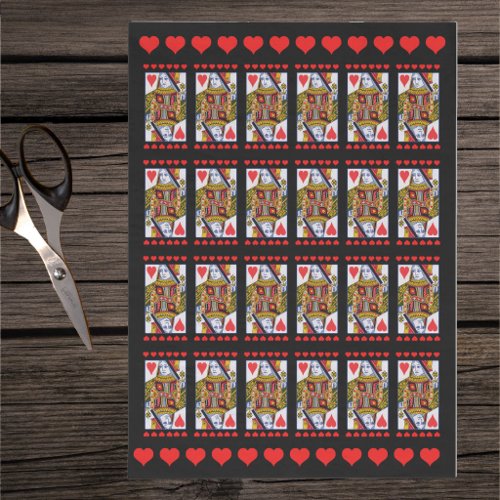 Rows of Heart Queen Playing Cards Red Hearts Black Tissue Paper