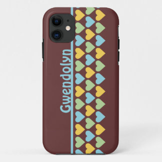 Rows of hearts pattern blue green personalize name iPhone 11 case