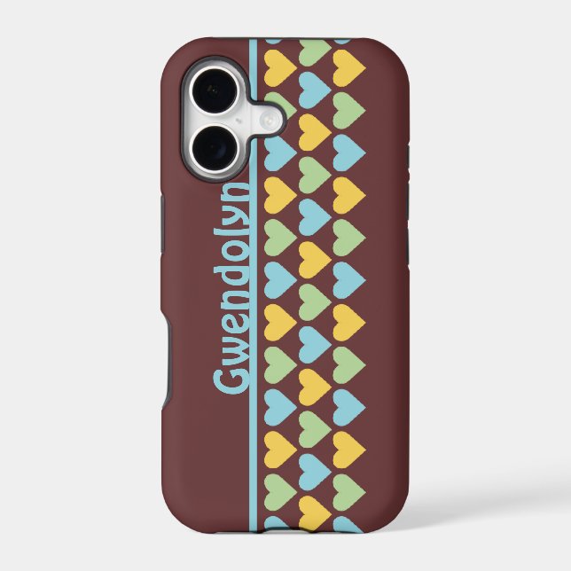 Rows of hearts pattern blue green personalize name iphone case (Back)