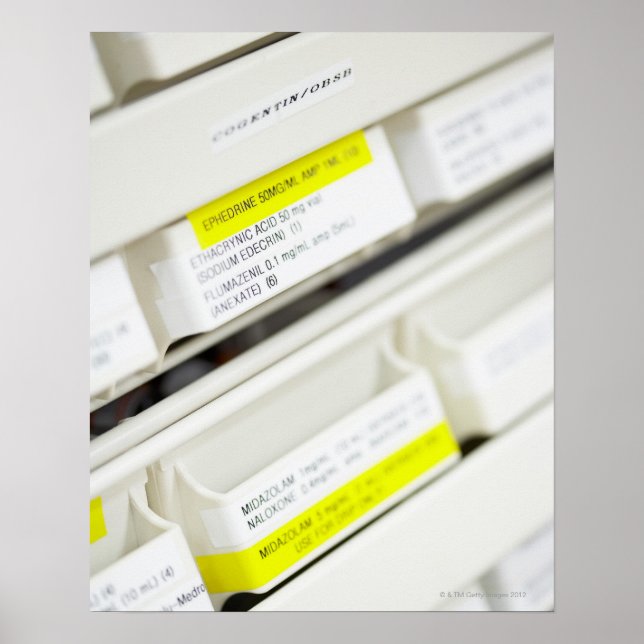 Rows of labeled medicine drawers poster (Front)