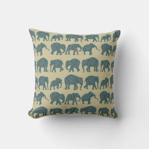 Rows of Paisley Elephants, Beige Pillow or Cushion