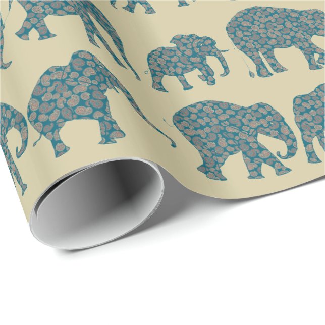 Rows of Paisley Elephants on Beige Giftwrap Wrapping Paper (Roll Corner)