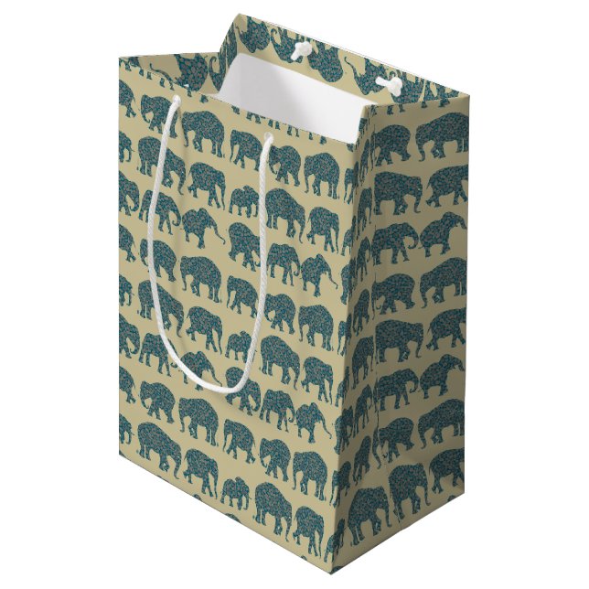 Rows of Paisley Elephants on Beige Medium Gift Bag (Front Angled)