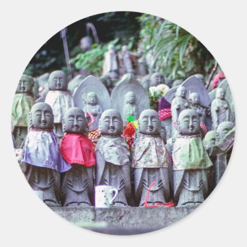 Rows of small Jizo monk statues with bibs _ Japan Classic Round Sticker