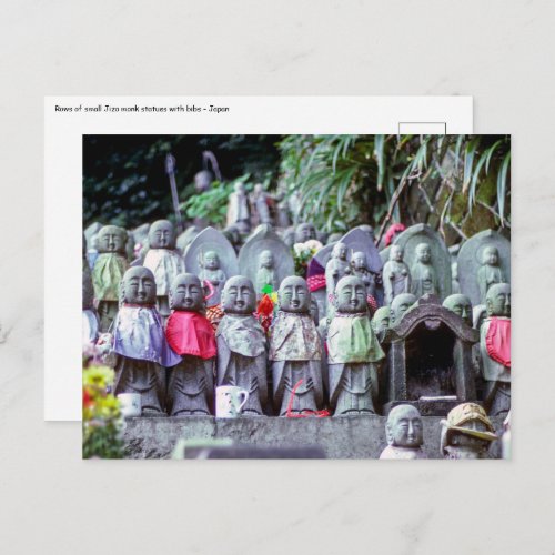 Rows of small Jizo monk statues with bibs _ Japan Postcard