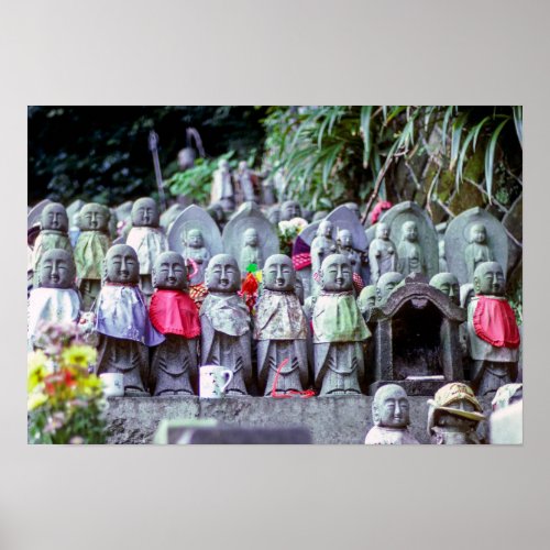 Rows of small Jizo monk statues with bibs _ Japan Poster