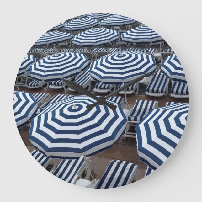 Rows Of Striped Beach Umbrellas With Sun Beds Large Clock (Front)