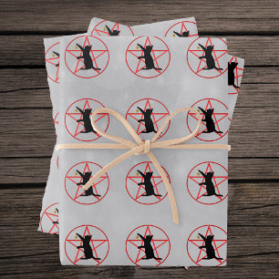 Rows of Witch Red Pentagrams in Circles Black Cats Wrapping Paper Sheets