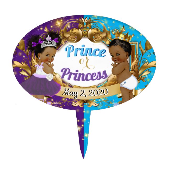 Royal African Gender Reveal Purple|Blue|Gold Cake Topper (Front)