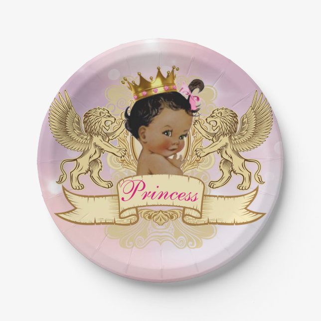 Royal African Princess|Pink and Gold Elegant Paper Plates (Front)