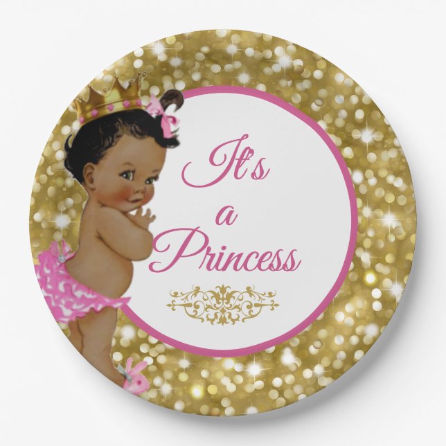 Royal African Princess Pink and Gold Glitter Fancy Paper Plates (Front)