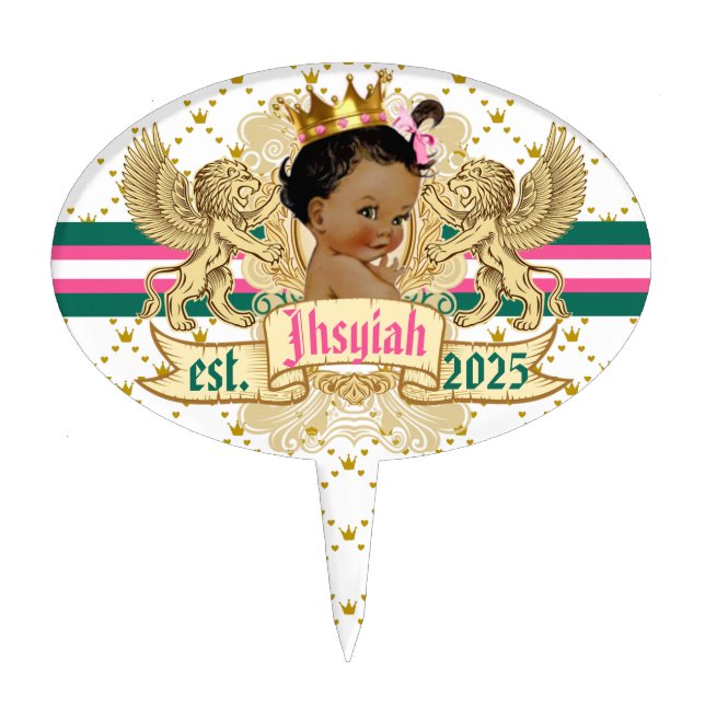 Royal African Princess Pink and Green Baby Shower Cake Topper (Front)