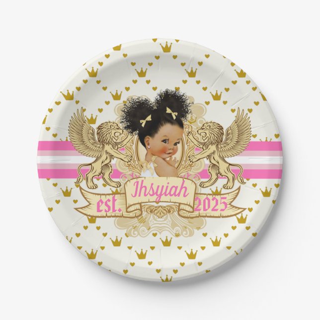 Royal African Princess Pink|Gold Baby Shower Paper Plates (Front)