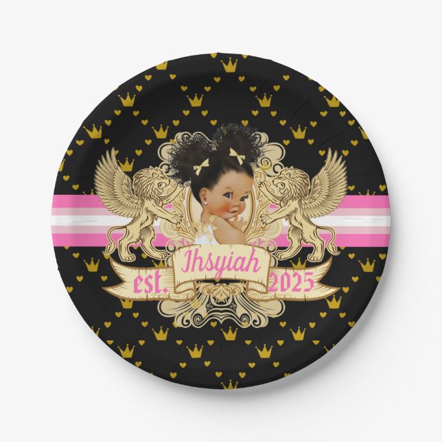 Royal African Princess Pink|Gold Baby Shower Paper Plates (Front)