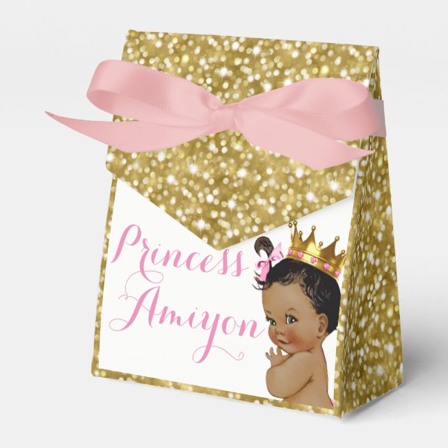 Royal African Princess Pink & Gold Glitter Favor Boxes (Front Side)