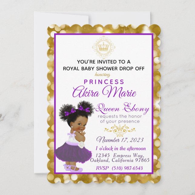Royal African Princess Purple|Gold Glitter Fancy Invitation (Front)