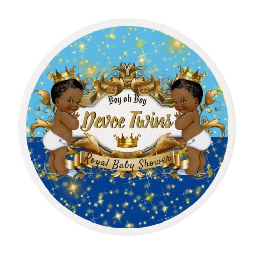 Royal African Twin BOYS Blue  Gold Baby Shower Edible Frosting Rounds