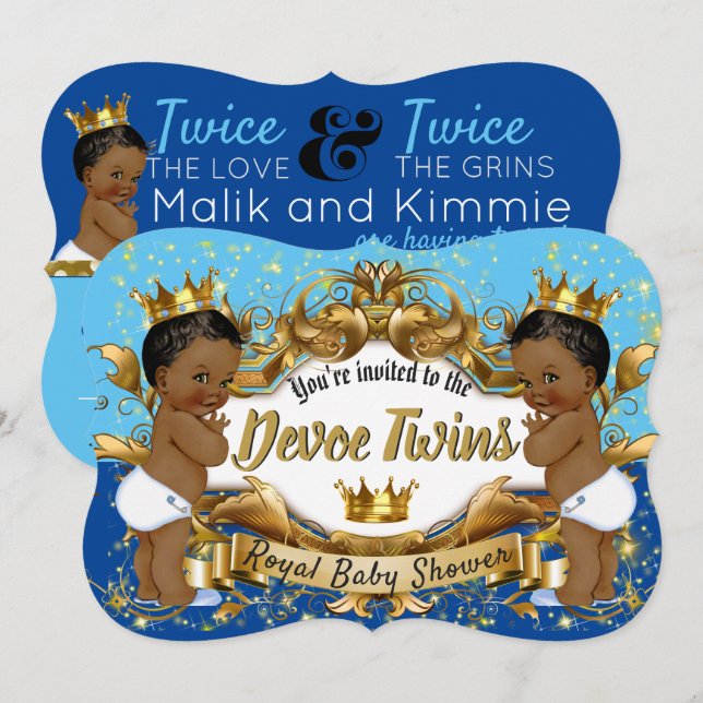 Royal African Twin {BOYS} Light|Dark Blue and Gold Invitation (Front/Back)