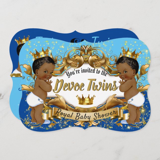 Royal African Twin {BOYS} Light|Dark Blue and Gold Invitation (Front/Back)