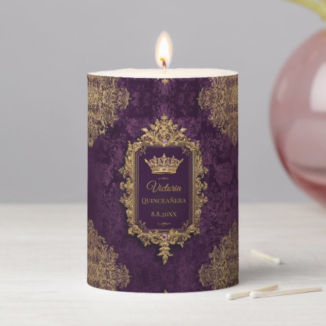 Royal Amethyst Quinceañera, custom Pillar Candle (In Situ)
