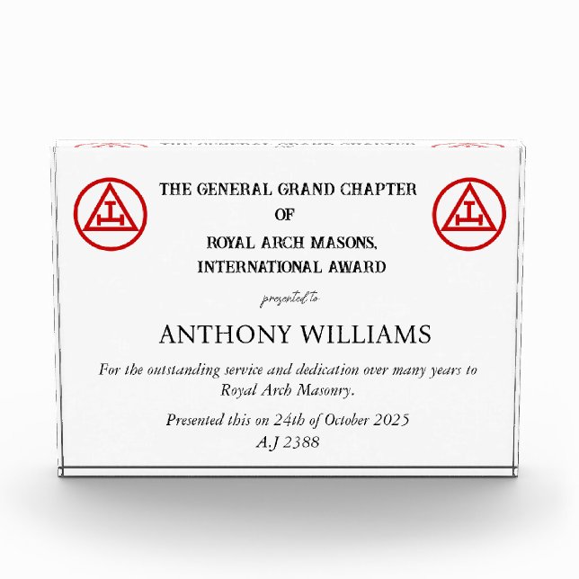Royal Arch Freemasonry Freemason Masonic Acrylic Award (Front)