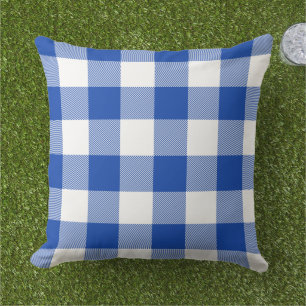 Royal Azure and White Gingham Check Buffalo Plaid Outdoor Pillow