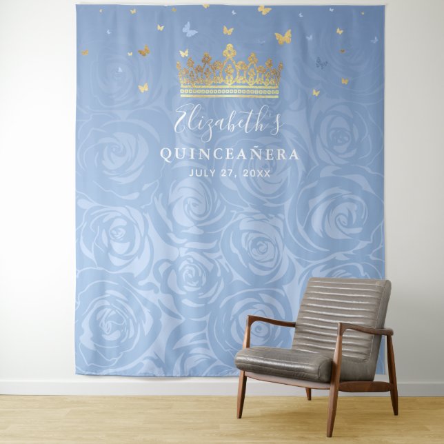 Royal Baby Blue and Gold Roses Photo Backdrop (In Situ)